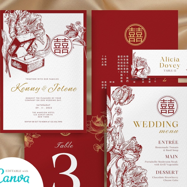 Chinese Wedding Invitation Card Template Bundle, DIY Printable Asian Wedding Card Double Happiness 结婚请柬 Oriental Red Gold Floral Wedding