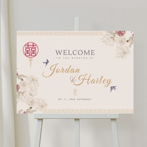 Insegna di benvenuto del matrimonio cinese, insegna della cerimonia del tè vietnamita, CANVA stampabile fai da te, doppia felicità asiatica vintage orientale con uccello dell'amore