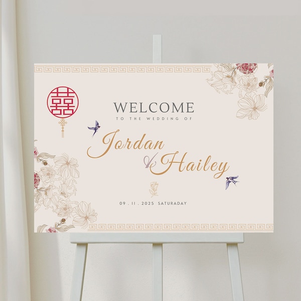 Chinese Wedding Welcome Sign, Vietnamese Tea Ceremony Sign, DIY Printable CANVA, Asian Double Happiness Vintage Oriental with Love Bird