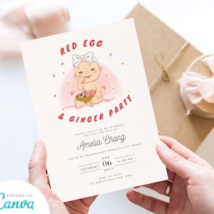 Uitnodigingskaart feest rood ei en gember | DIY bewerkbare afdrukbaar met canvas | Aziatisch Chinees babymeisje vollemaanfeest 100 dagen feest
