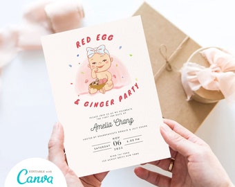 Red Egg and Ginger Party Invitation: Chinese Baby Girl 100 Days (DIY Printable Canva)