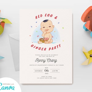 Red Egg Ginger Party Invitation: Chinese Baby Full Moon (DIY Canva