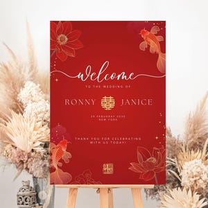 Chinese Wedding Welcome Sign: Double Happiness, Koi Fish (DIY Canva Printable)