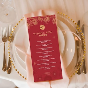 Menu de casamento chinês com dupla felicidade, menu de casamento chinês inglês asiático, design de menu de casamento oriental faça você mesmo para impressão editável