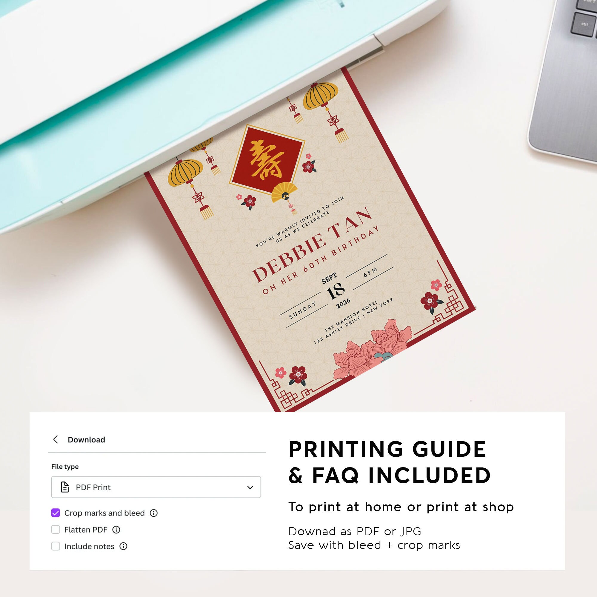 Chinese Longevity Birthday Invitation Card, Asian Oriental Bilingual ...