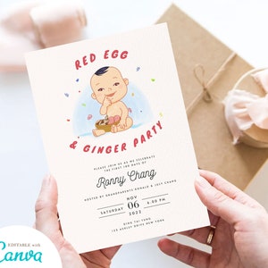 Red Egg Ginger Party Invitation: Chinese Baby Full Moon (DIY Canva Printable)