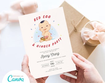 d'invitation de partie d'oeuf rouge et de gingembre | DIY modifiable imprimable avec Canva | Asian Chinese Baby Boy Full Moon Party 100 Days Celebration