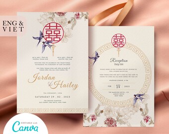 Vietnamese Wedding Invitation Card Template, American Vietnamese Tea Ceremony Card Thiep Cuoi, Dam Hoi, Le Vu Quy, Floral Bilingual Wedding