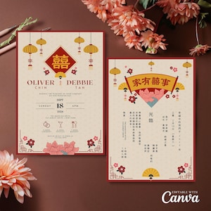 Tarjeta de invitación de boda china, tarjeta de boda asiática con doble felicidad DIY imprimible, 结婚请柬 Linterna de oro rojo oriental y boda floral