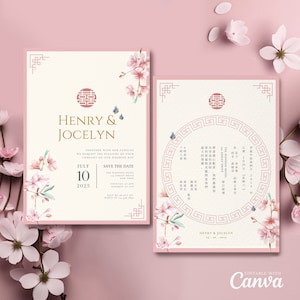 Chinesische Hochzeitseinladungsvorlage mit rosa Kirschblüte, orientalisch asiatische Hochzeitskarte mit doppeltem Glück 结婚请柬 Sakura Butterfly