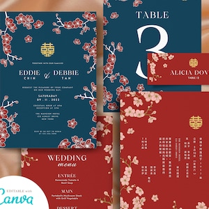 Paquete de plantillas de tarjetas de invitación de boda china, invitación de boda asiática doble felicidad 结婚请柬 Oriental azul marino rojo flor de cerezo