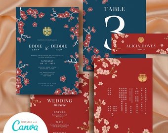 Plantilla de invitación de boda china: Flor de cerezo, doble felicidad (descarga digital)