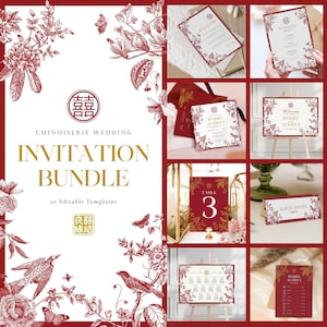 Chinesische Chinoiserie Chinesische Hochzeit Einladungskarten Set mit Roten Blumen & Liebesvögeln, Asiatische Hochzeit Doppelt Glück !!