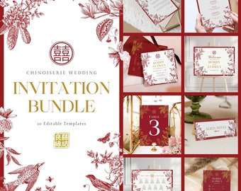 Chinoiserie Chinese Wedding Invitation Card Bundle with Red Floral & Love Birds, Asian Wedding Double Happiness 结婚请柬 Wedding Mega Bundle