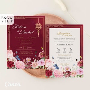Vietnamesische Hochzeitseinladungskartenvorlage, Teezeremoniekarte Thiep Cuoi, Amerikanische Vietnamesische Hochzeitskarte, Minimalistische Rote Hochzeitskarte