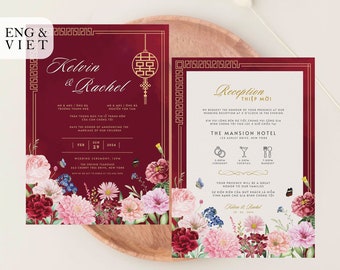 Vietnamese Wedding Invitation Card Template, Tea Ceremony Card Thiep Cuoi, American Vietnamese Wedding Card, Minimalist Red Wedding Card