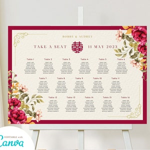 Modelo de placa de gráfico de assentos de casamento com tema asiático para casamento chinês, gráfico de atribuição de assentos de casamento vietnamita para impressão felicidade dupla