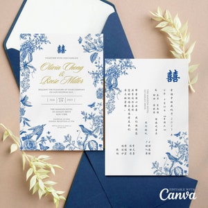 Plantilla de tarjeta de invitación de boda de estilo chinoiserie azul, tarjeta de boda china asiática imprimible DIY, Doble Felicidad, Pájaro de Porcelana 结婚请柬