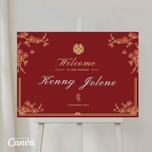 Signo de bienvenida de la boda china, signo de la ceremonia del té vietnamita, CANVA imprimible DIY, plantilla de flor de cerezo de oro rojo oriental de doble felicidad