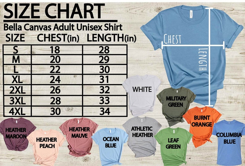 K&ouml;nnte beinhalten: Gr&ouml;&szlig;entabelle f&uuml;r Bella Canvas Unisex-Shirts f&uuml;r Erwachsene. Die Tabelle zeigt Brust- und L&auml;ngenma&szlig;e in Zoll f&uuml;r die Gr&ouml;&szlig;en S bis 4XL. Die Tabelle zeigt auch verschiedene Farboptionen f&uuml;r die Shirts, darunter Wei&szlig;, Milit&auml;rgr&uuml;n, verbranntes Orange, Heather Maroon, Heather Mauve, Heather Peach, Ocean Blue, Athletic Heather, Leaf Green und Columbia Blue.