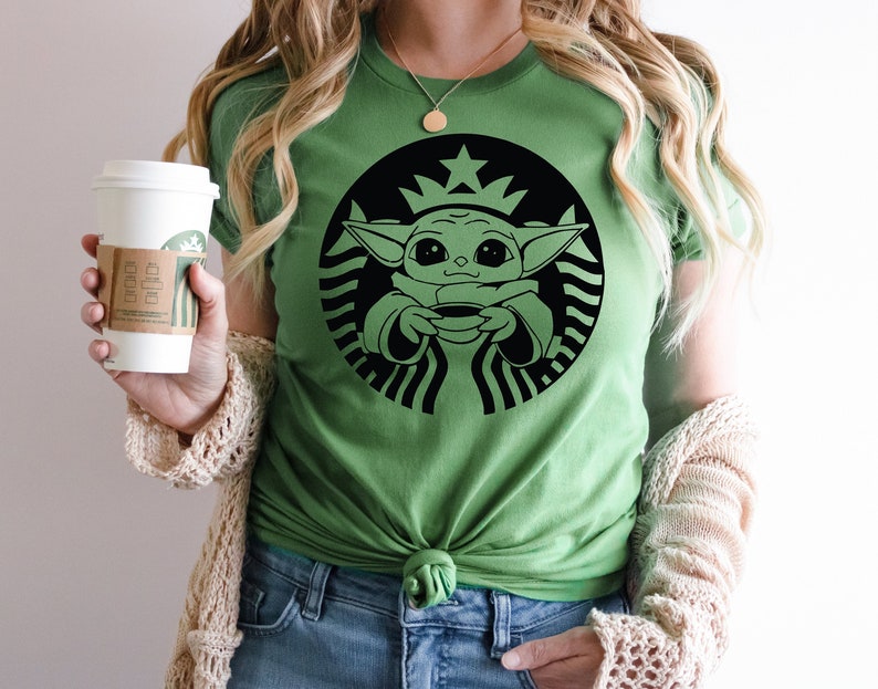 Baby Yoda Shirt, Coffee, Baby Yoda Coffee Shirt, Star Wars Shirt, Starbuck, Coffee Lover Gift, Coffee Baby Yoda, Coffee Lover Shirt Leaf Green