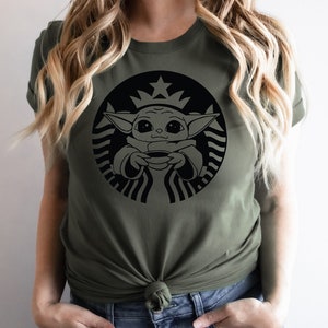 Baby Yoda Shirt, Coffee, Baby Yoda Coffee Shirt, Star Wars Shirt, Starbuck, Coffee Lover Gift, Coffee Baby Yoda, Coffee Lover Shirt Military Green