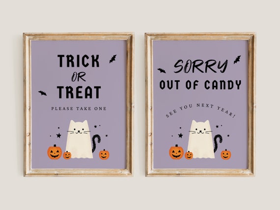 Ghost Cat Halloween Candy Sign Template, Trick or Treat Editable Sign, Halloween Party Decor, Corjl 302