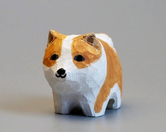 Handmade Basswood Carving: Mini Corgi Dog Figurine