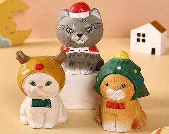 Hand Carved Wooden Cat Figurine: Christmas Ornament, Desk Decor