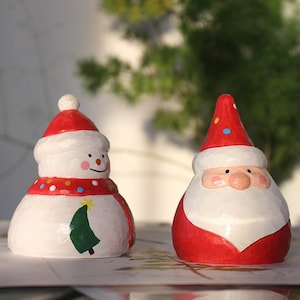 Hand Carved Wood Santa & Snowman Figurine: Christmas Decor