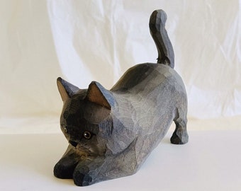 Escultura de gato de madera tallada a mano: decoración de escritorio, regalo para amantes de los gatos