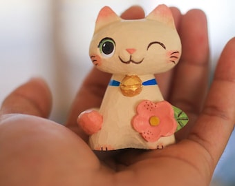 Figurine de chat en bois sculptée à la main : décoration de bureau, cadeau pour amoureux des chats