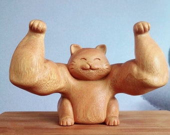 Escultura de gato de madera tallada a mano: divertida figura de gato musculoso