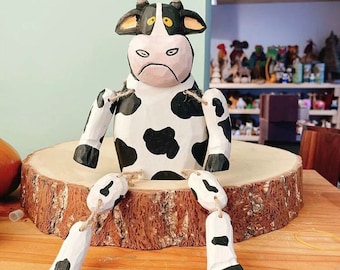 Handmade Carved Wooden Cow Figurine, Desk Decor, 14x25cm