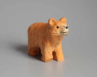 Handmade Wooden Brown Bear Carving: Animal Decoration Statue