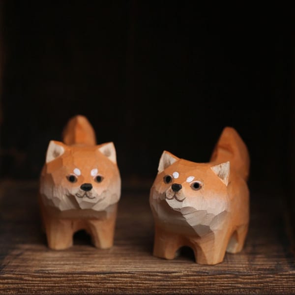 Handmade Wooden Shiba Inu Dog Figurine | Hand-carved and Painted Wood Statue Carving | Table top or Shelf Decoration Shiba Inu Lover Gift