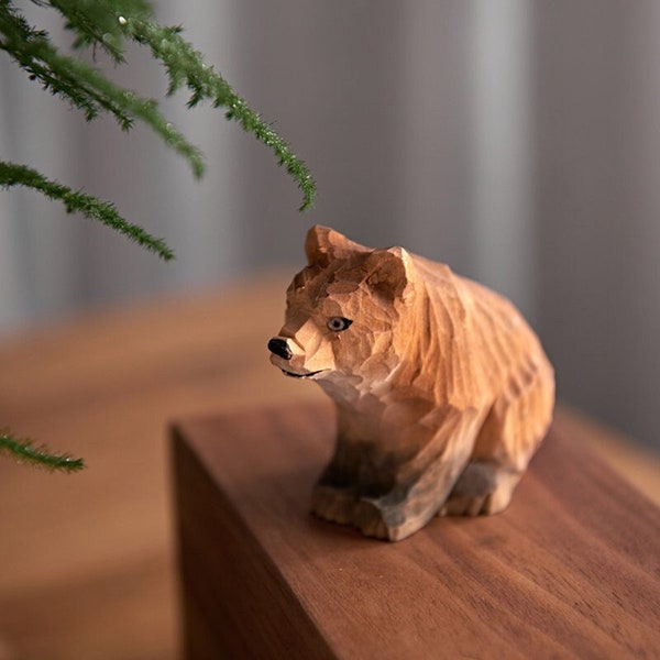 Sculpture d'ours en bois faite main, Figurine d'ours en bois sculptée à la main, Cadeau de Noël, Statue en bois, Décoration de chambre, Décoration d'intérieur