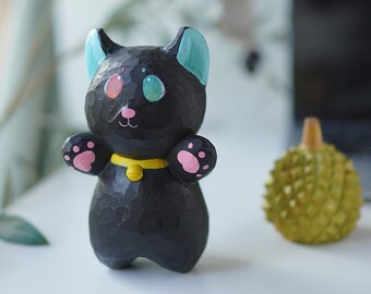Sculpture en bois faite à la main de chat noir, figurine de chat, ornements de chat, cadeau de Noël, statue de chat en bois, décor de bureau, cadeaux d'anniversaire, cadeaux de chat