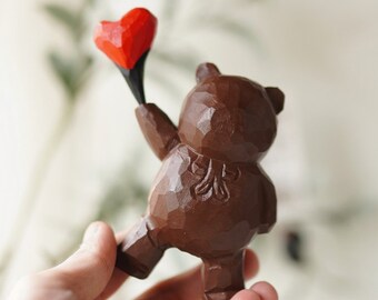 手作り木彫りのクマの置物：ハートバルーンデコレーション - Etsy 日本