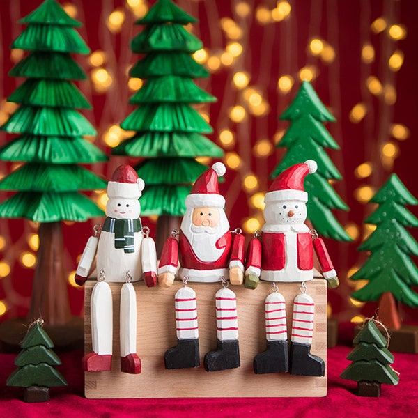 Ornement d’arbre de Noël en bois sculpté à la main, figurines du Père Noël, cadeaux de Noël, décorations de Noël, ornements de Noël