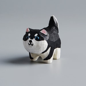 手作り木彫りのハスキーオーナメント、ミニかわいい犬のオーナメント、木彫り、手彫りの動物、木製動物オーナメント、クリスマスギフト