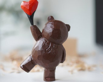 木製クマのハート風船置物 手作り木彫りのクマの置物：ハートバルーンデコレーション - Etsy 日本