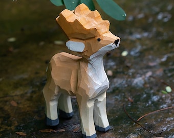 Hand Carved Wooden Deer Figurine: Painted Home Decor