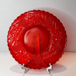 Vintage 8.5" Transparent Ruby Red Glass Grapevine Texture Decorative Plate