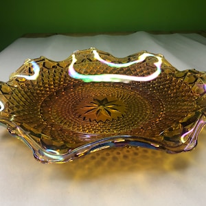 Vintage Marigold Carnival Glass Scalloped Rim Serving Dish with Gorgeous Coloring and beautiful Design