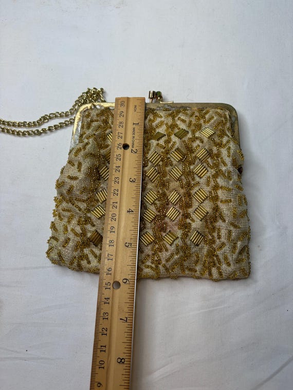 vintage Walborg gold beaded clutch purse, often featuring intricate needlepoint designs and a kiss lock closure. View 6