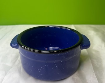 Vintage Blue Heavy Von Pok & Chang Double Handle Stoneware Bowls ~ Blue Speckled