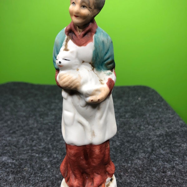 Vintage Brinn from Taiwan Hand Painted Porcelain Figurine of Old Woman Holding Cat