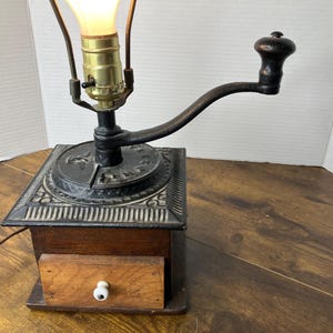 Vintage Large Coffee Mill Converted To Electric Table Lamp 16" tall