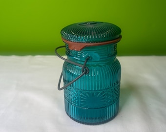 Vintage Aqua Blue Avon Storage Jar with Lid and Wire Bale Closure